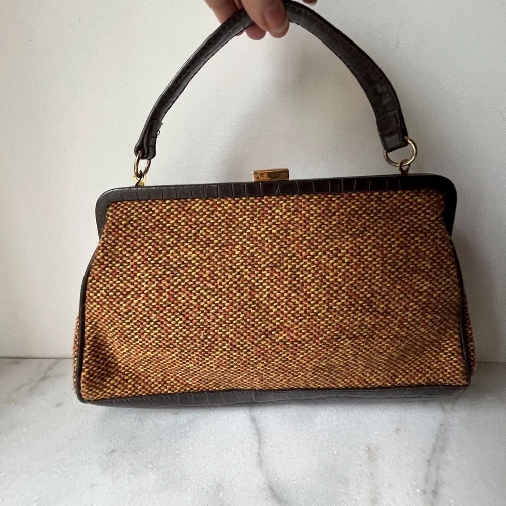 Vintage tweet fabric with a leather trim purse,bag by Firenze